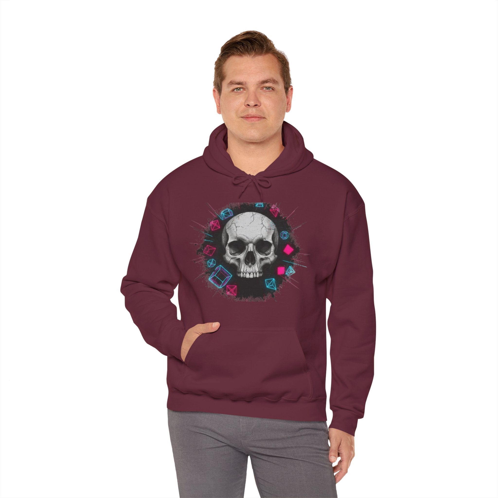 Skull Retro Vaporwave Hoodie — Neon 80s Skull Graphic Sweatshirt