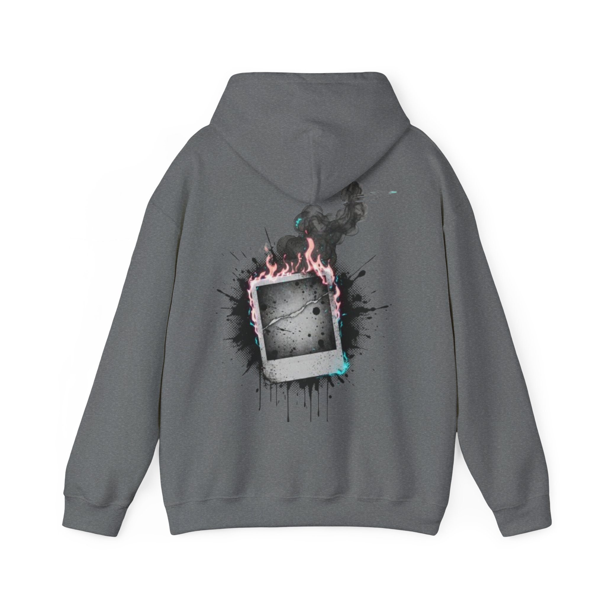 Burning Polaroid Hoodie — Retro Photo Flame Graphic Hooded Sweatshirt