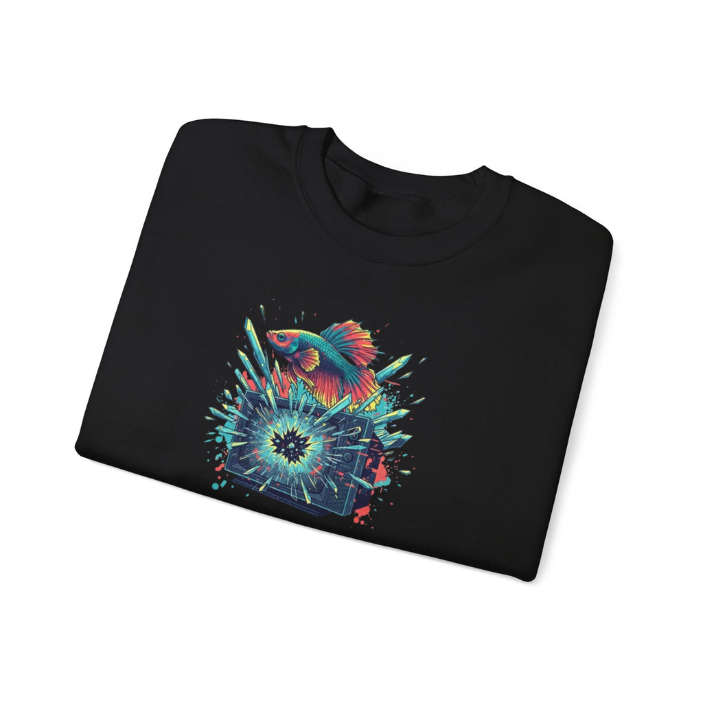 Cosmic Hummingbird Crewneck Sweatshirt — Neon Floral Burst Graphic