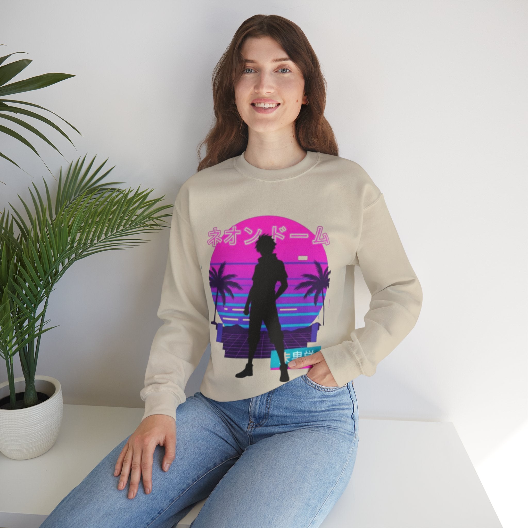 Vaporwave Neon Dome Crewneck Sweatshirt — Japanese Sunset Silhouette