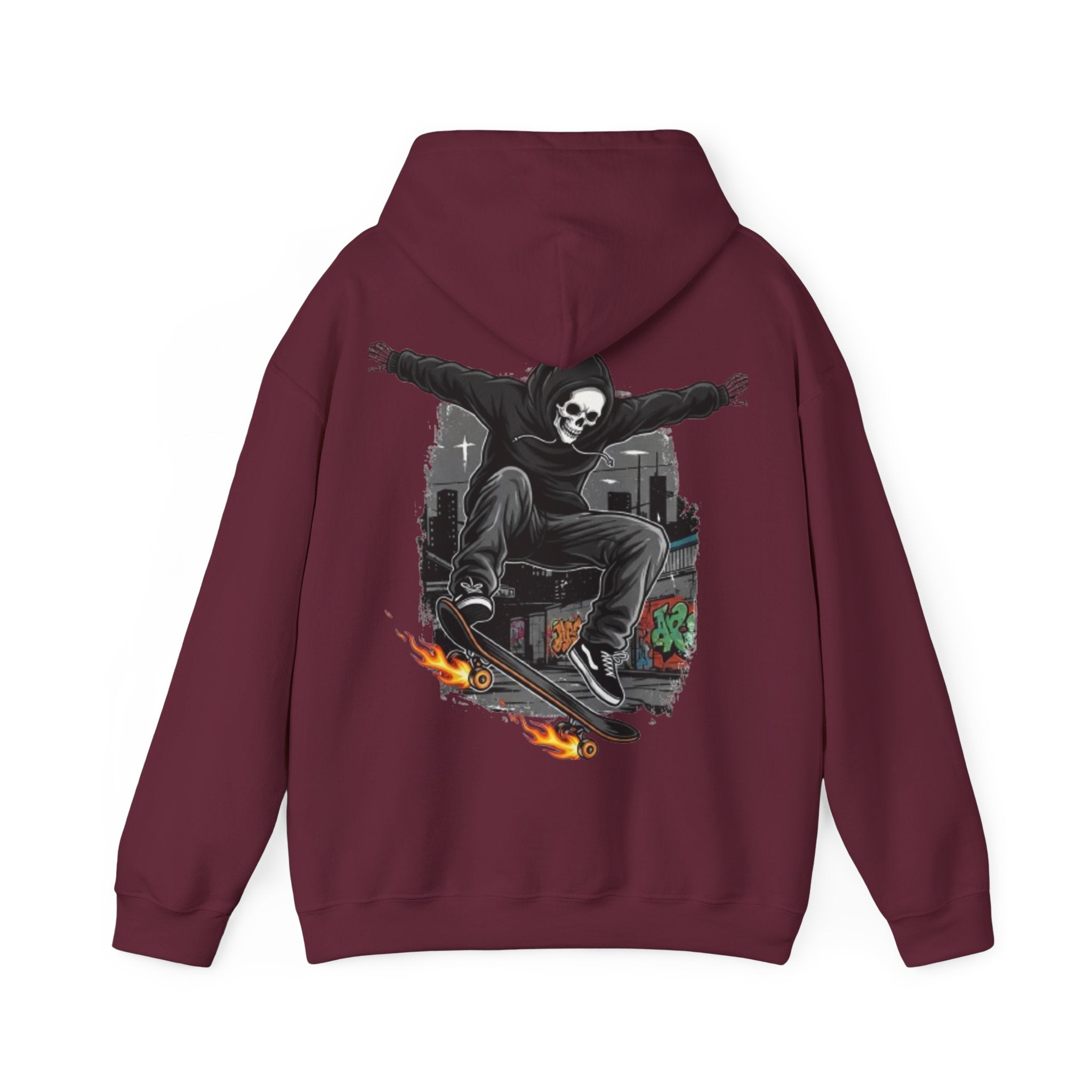 Skull Skater Hoodie — Flaming Skateboard Streetwear Pullover