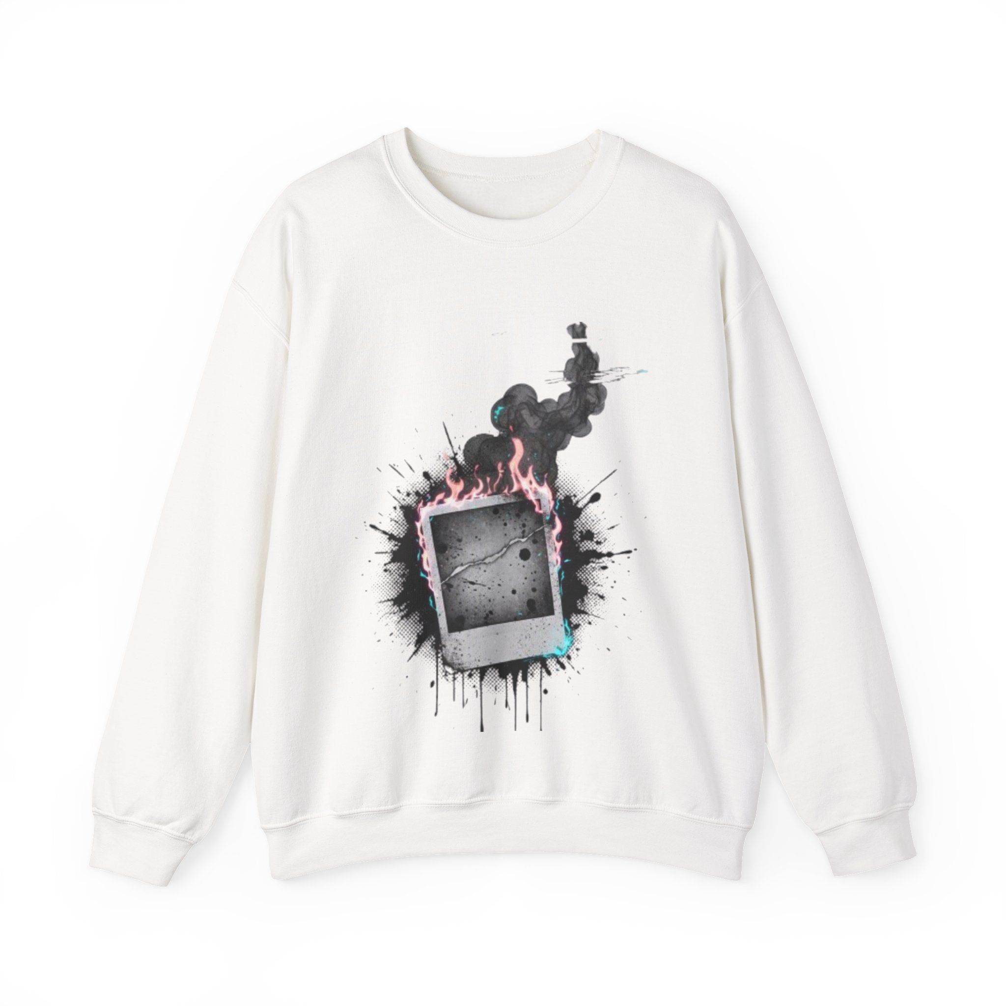 Burning Polaroid Crewneck Sweatshirt — Vintage Photo Flame Graphic