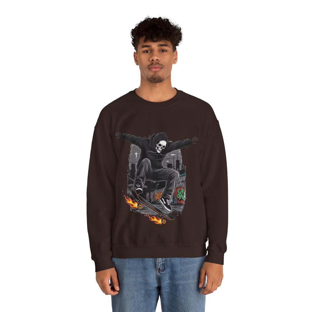 Skull Skateboarder Crewneck Sweatshirt — Flaming Skate Trick Graphic