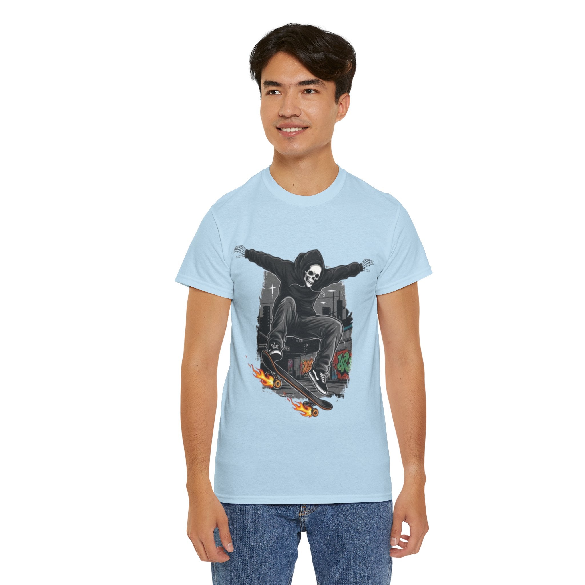 Skull Skateboarder T‑Shirt — Grim Reaper Skateboarding Graphic Tee