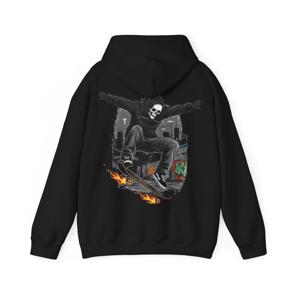 Skull Skater Hoodie — Flaming Skateboard Streetwear Pullover
