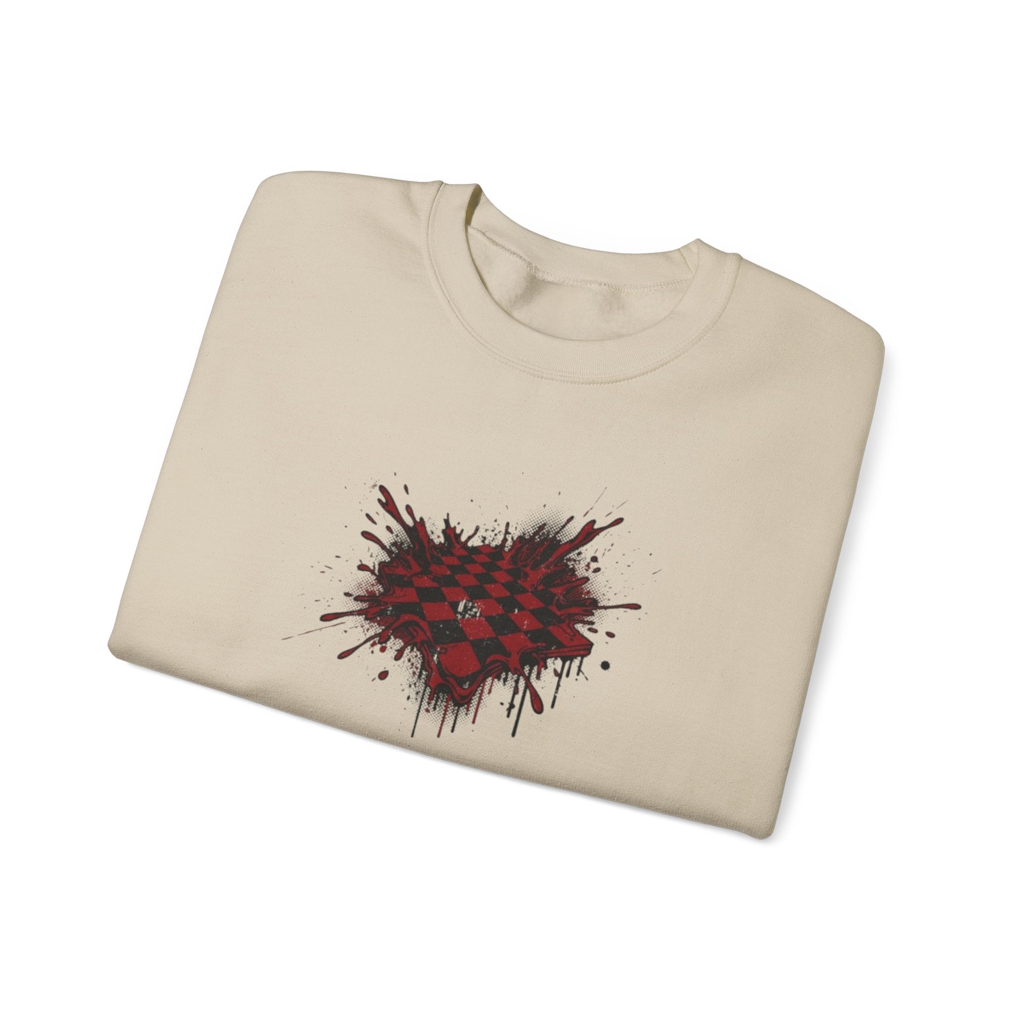 Checkerboard Heart Crewneck Sweatshirt — Red Grunge Heart Graphic