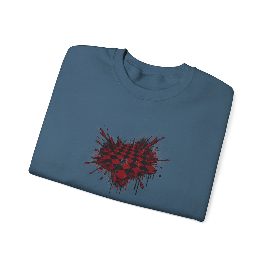 Checkerboard Heart Crewneck Sweatshirt — Red Grunge Heart Graphic