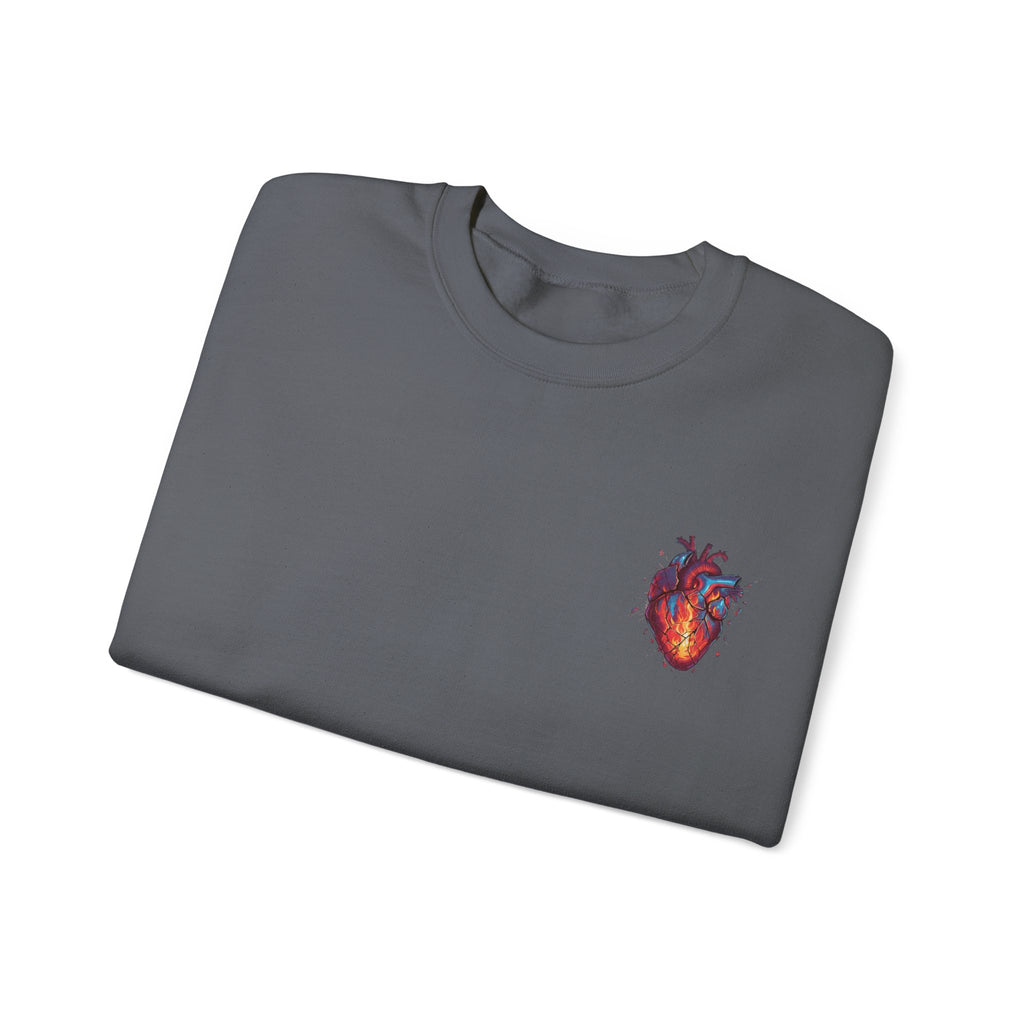 Ember Heart Crewneck Sweatshirt — Small Flaming Anatomical Heart Graphic