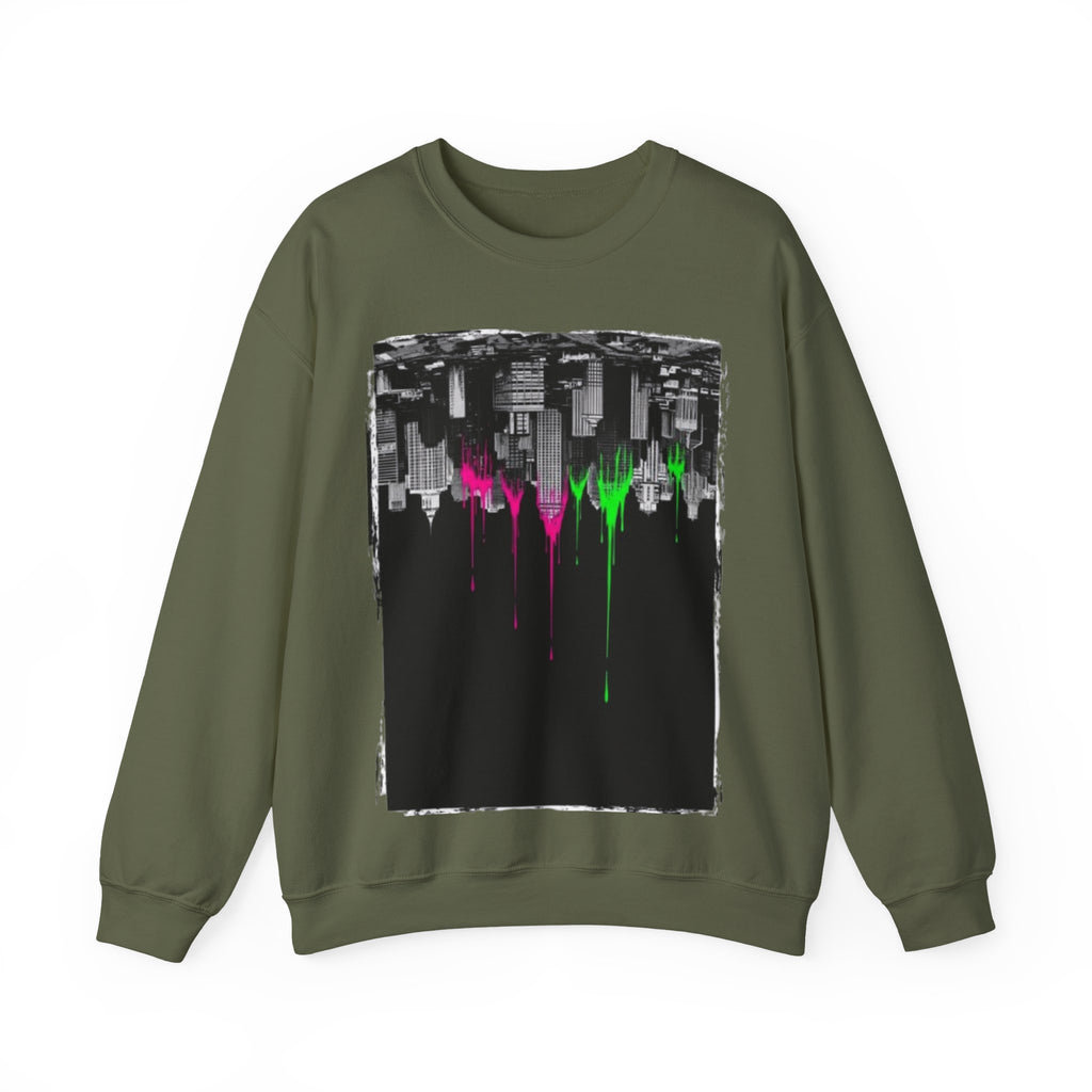 Cityscape Drip Crewneck Sweatshirt — Neon Skyline Paint Drip