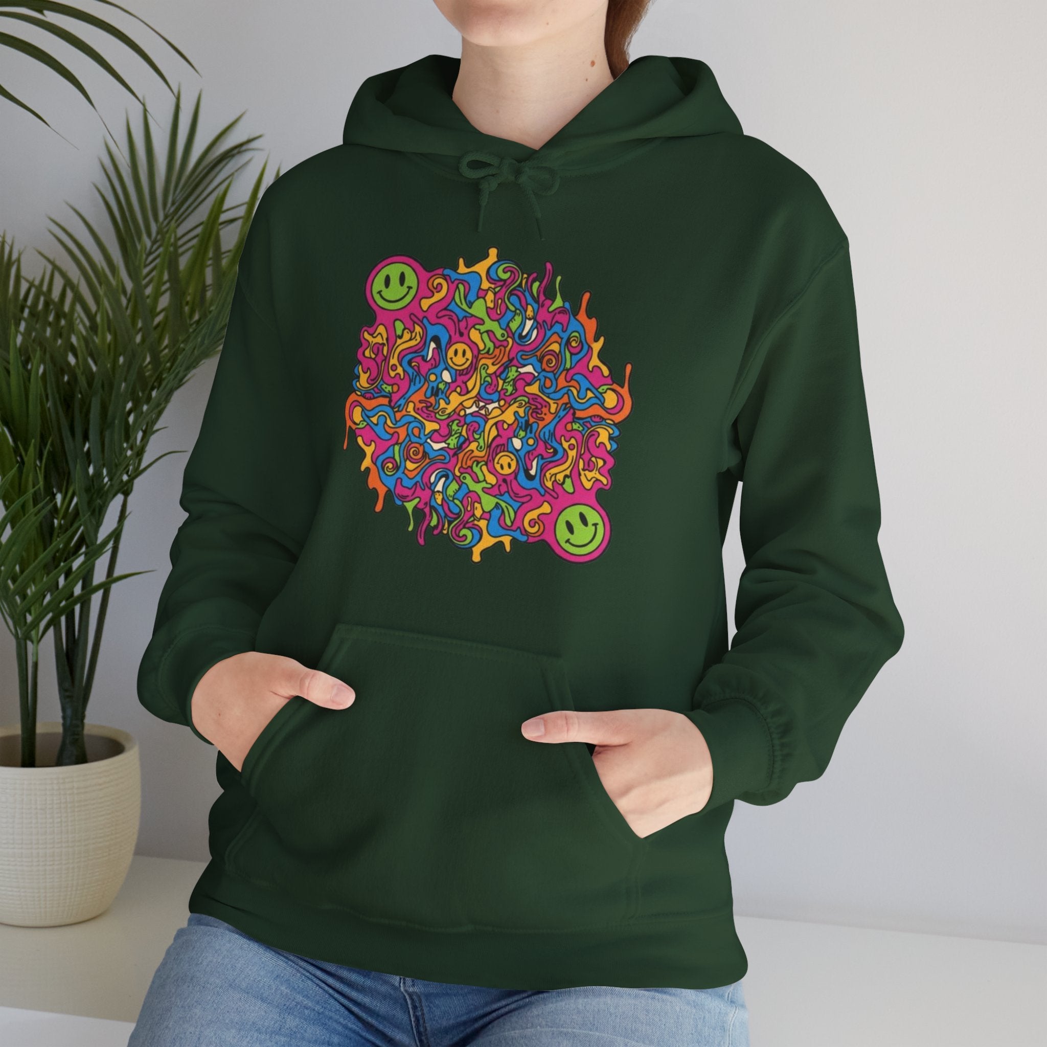 Psychedelic Smiley Hoodie — Colorful Drip Alien Art Pullover