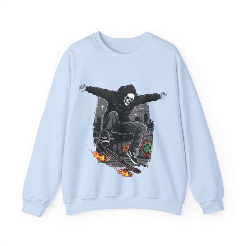 Skull Skateboarder Crewneck Sweatshirt — Flaming Skate Trick Graphic