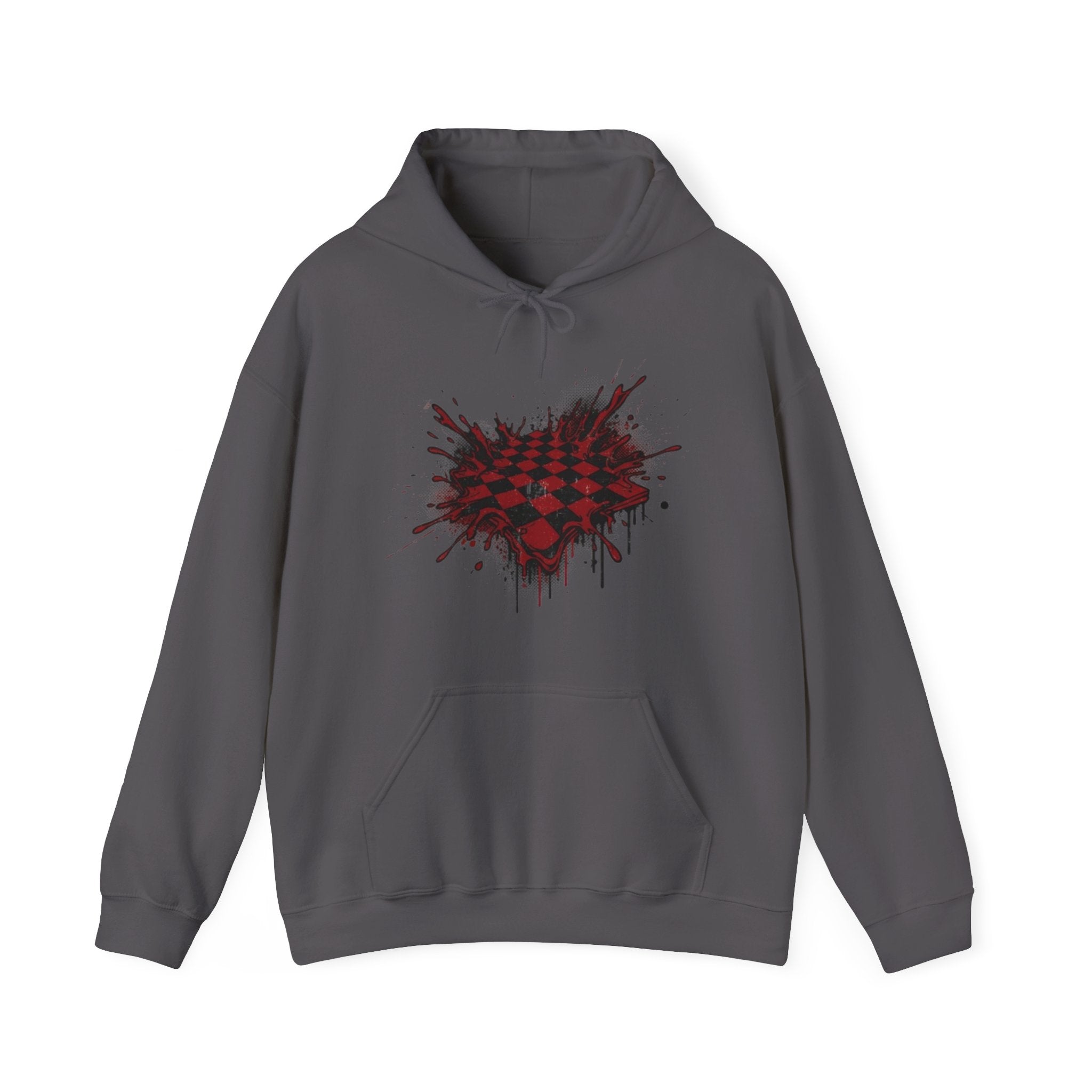 Red Grunge Checkerboard Heart Hoodie – Gothic Streetwear Pullover