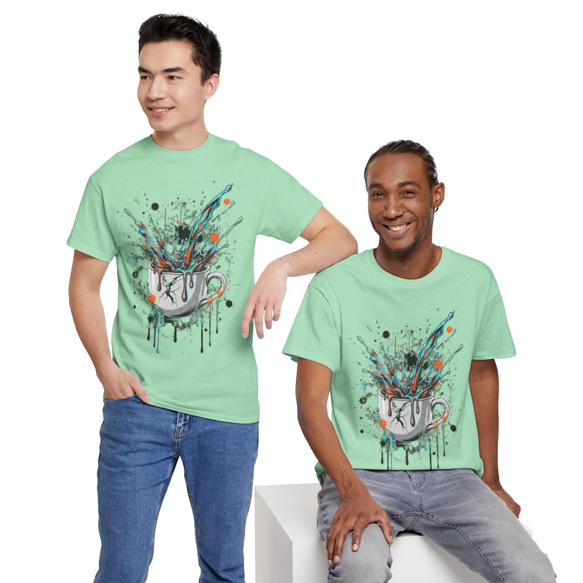 Artistic Splash Coffee Mug Tee — Paint Splatter Coffee Cup Graphic T-Shirt