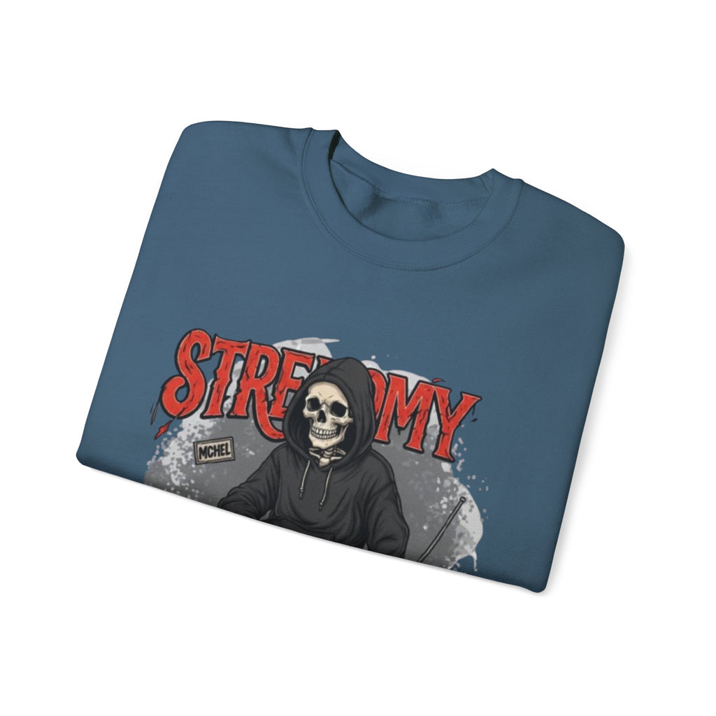 Streamy Grim Reaper Crewneck Sweatshirt — Streaming Gamer Skull Hoodie Design