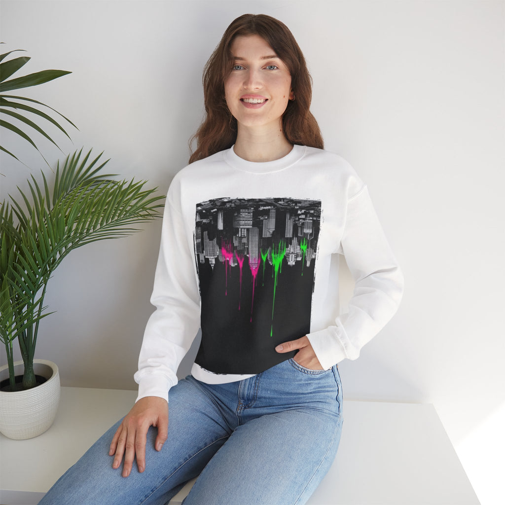 Cityscape Drip Crewneck Sweatshirt — Neon Skyline Paint Drip