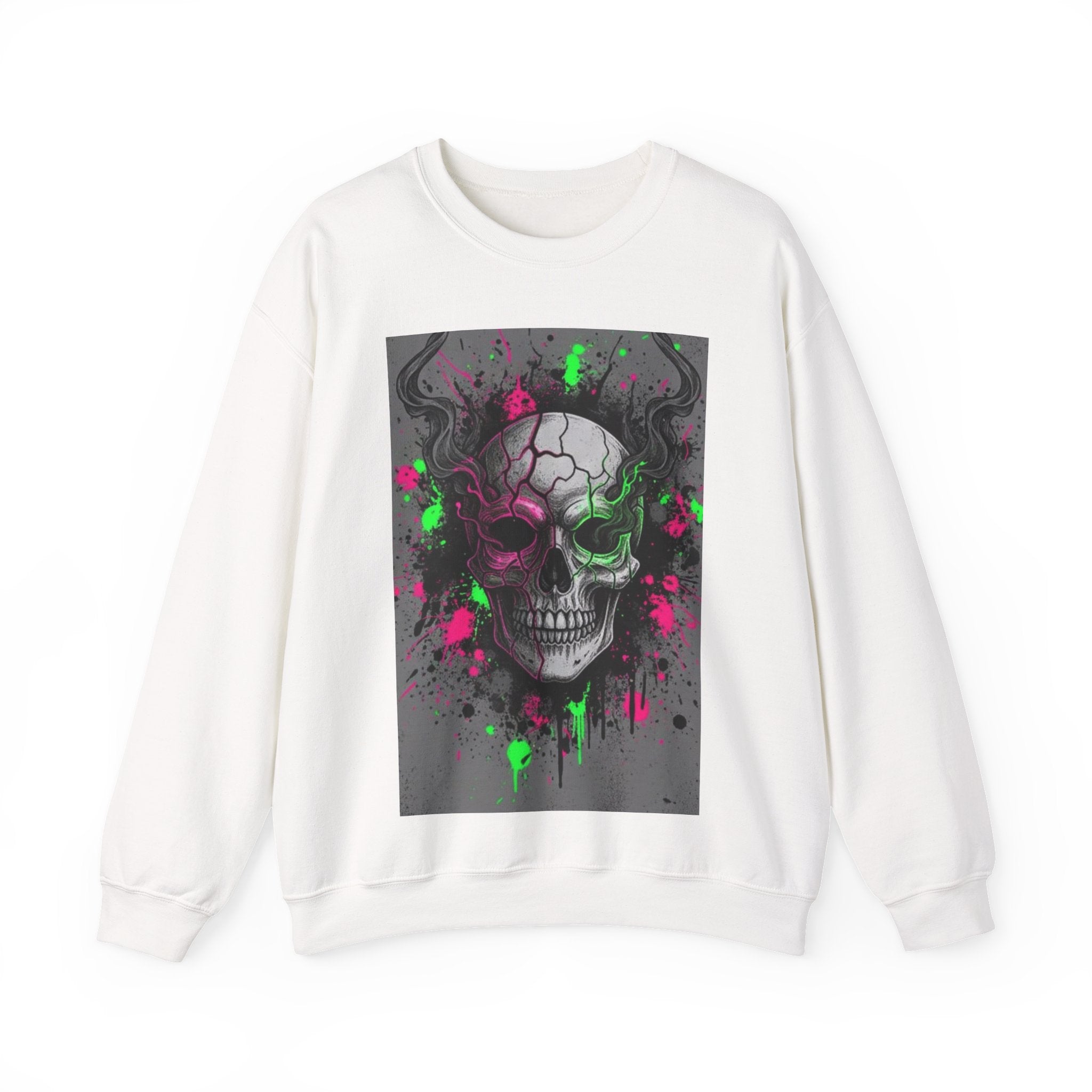 Skull Graffiti Crewneck Sweatshirt — Neon Paint Splatter Skull Graphic