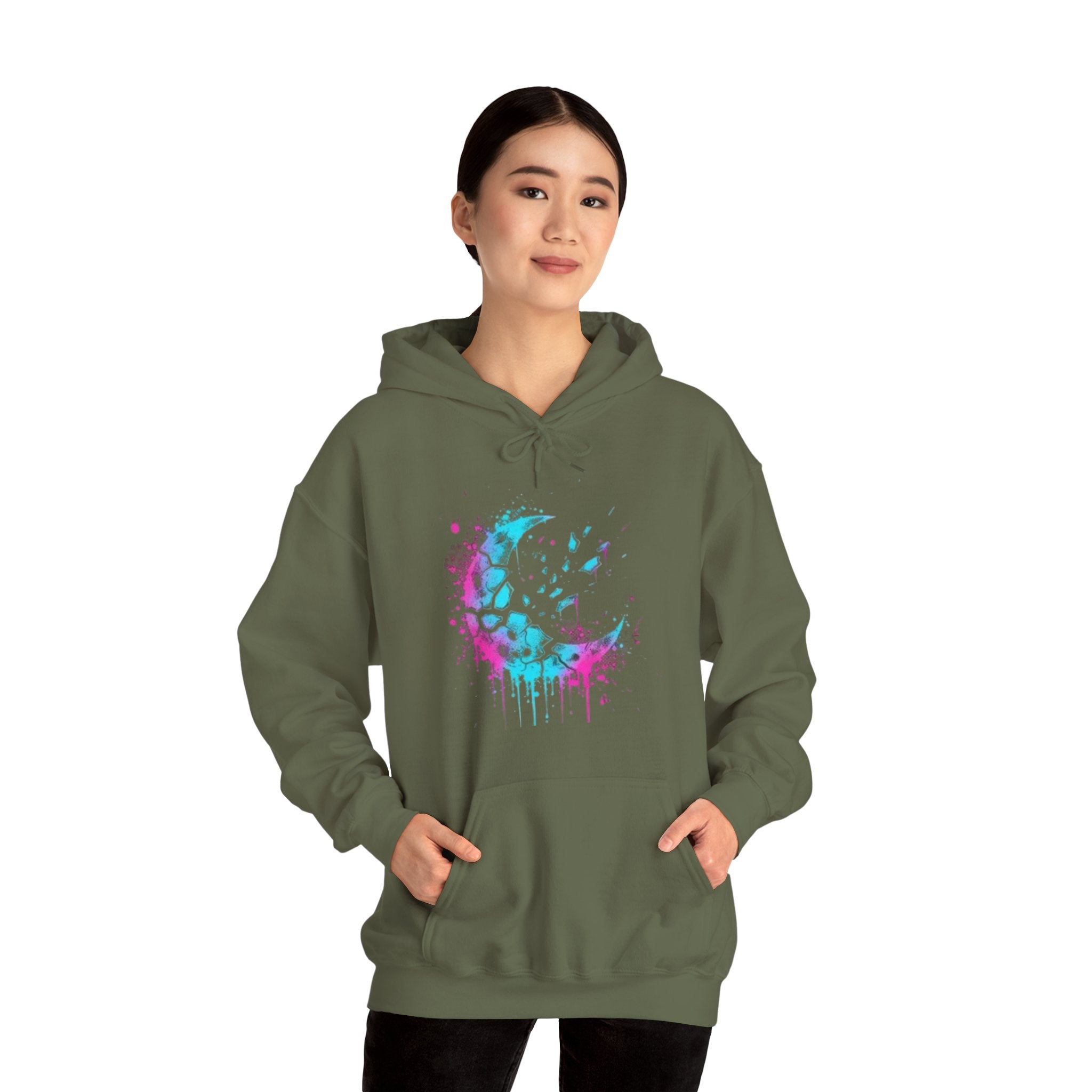 Paint-Splatter Crescent Moon Hoodie — Colorful Drip Art Sweatshirt