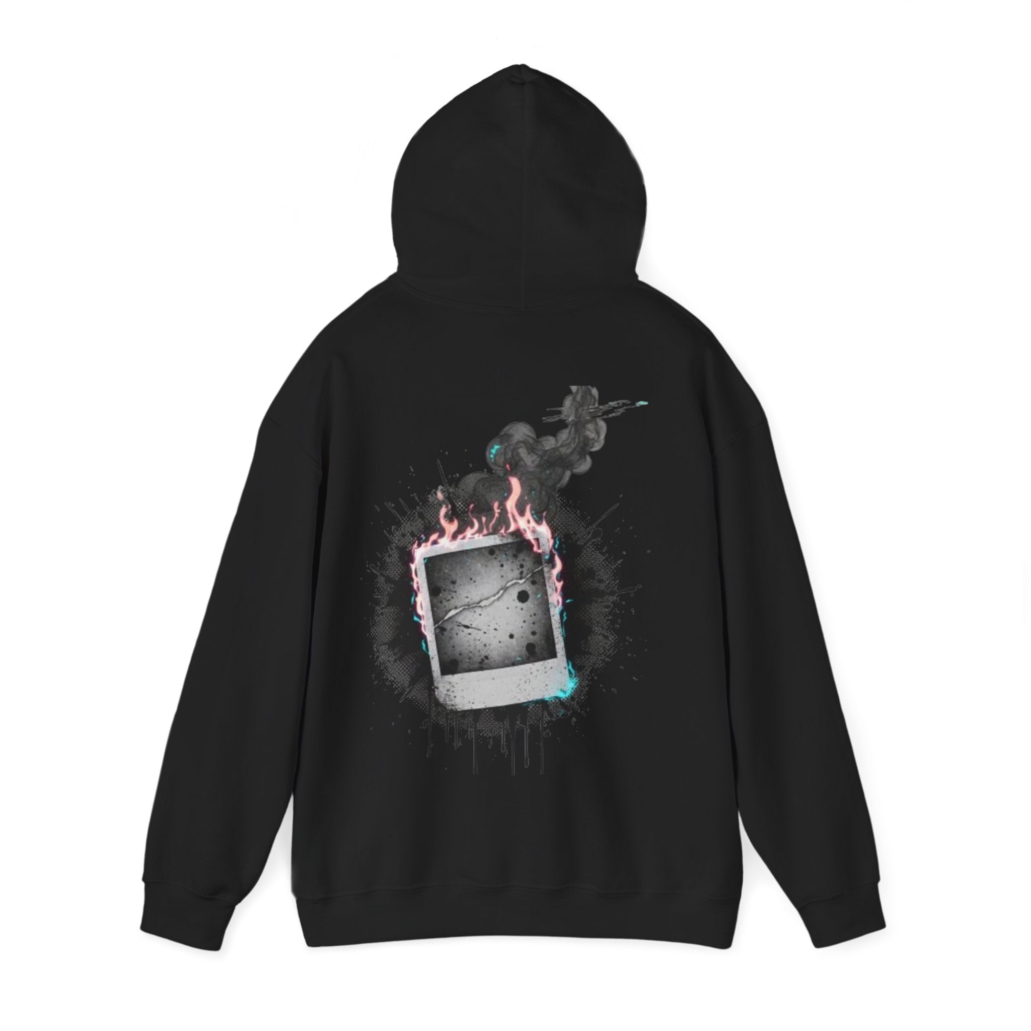 Burning Polaroid Hoodie — Retro Photo Flame Graphic Hooded Sweatshirt
