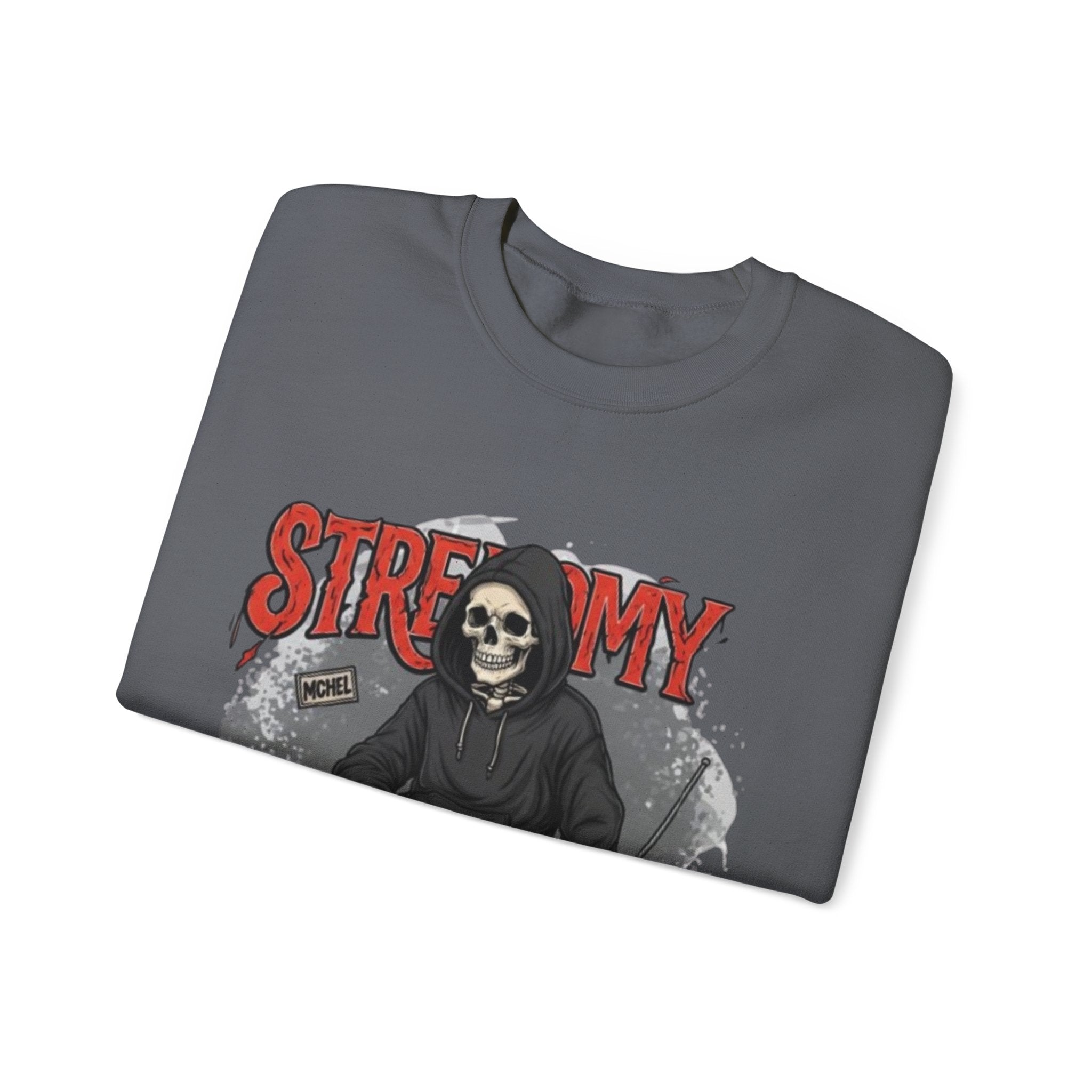 Streamy Grim Reaper Crewneck Sweatshirt — Streaming Gamer Skull Hoodie Design