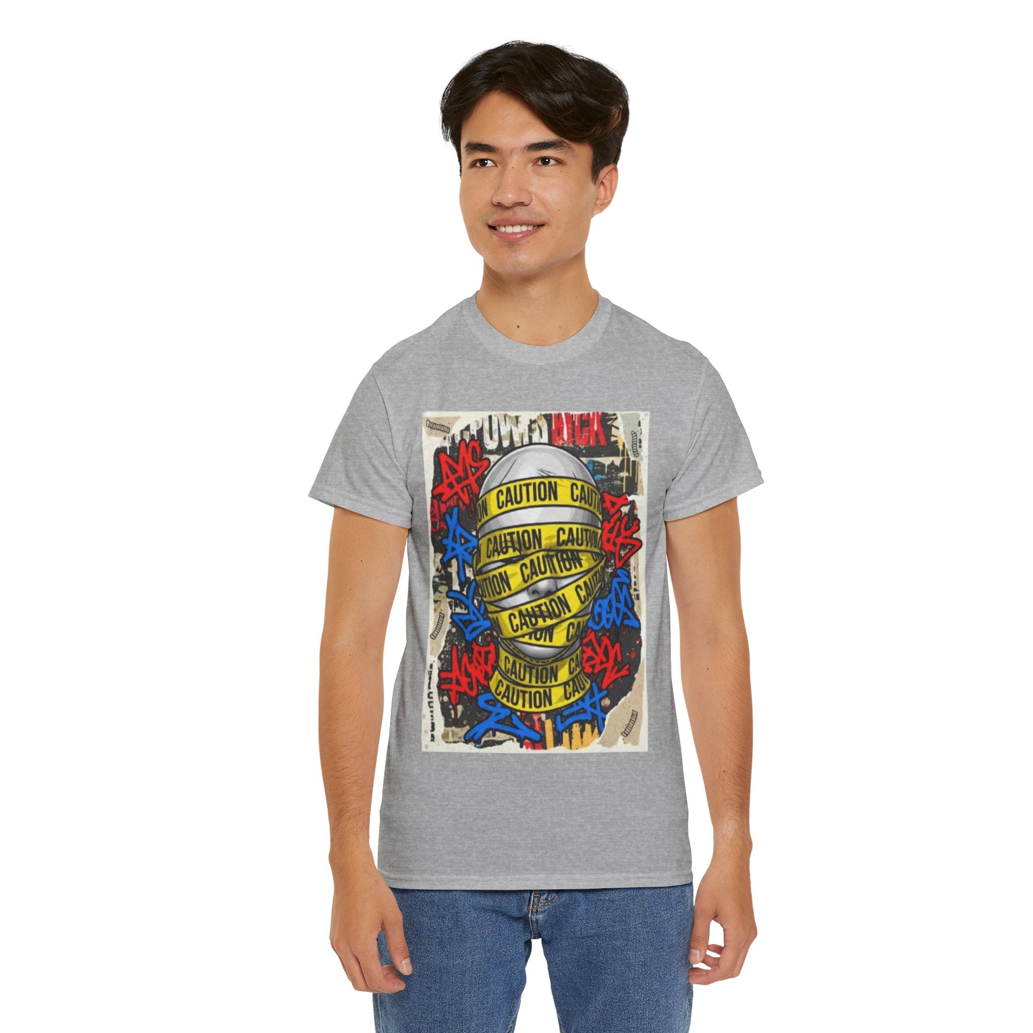 Caution Tape Street Art Tee — Urban Graffiti Graphic T-Shirt