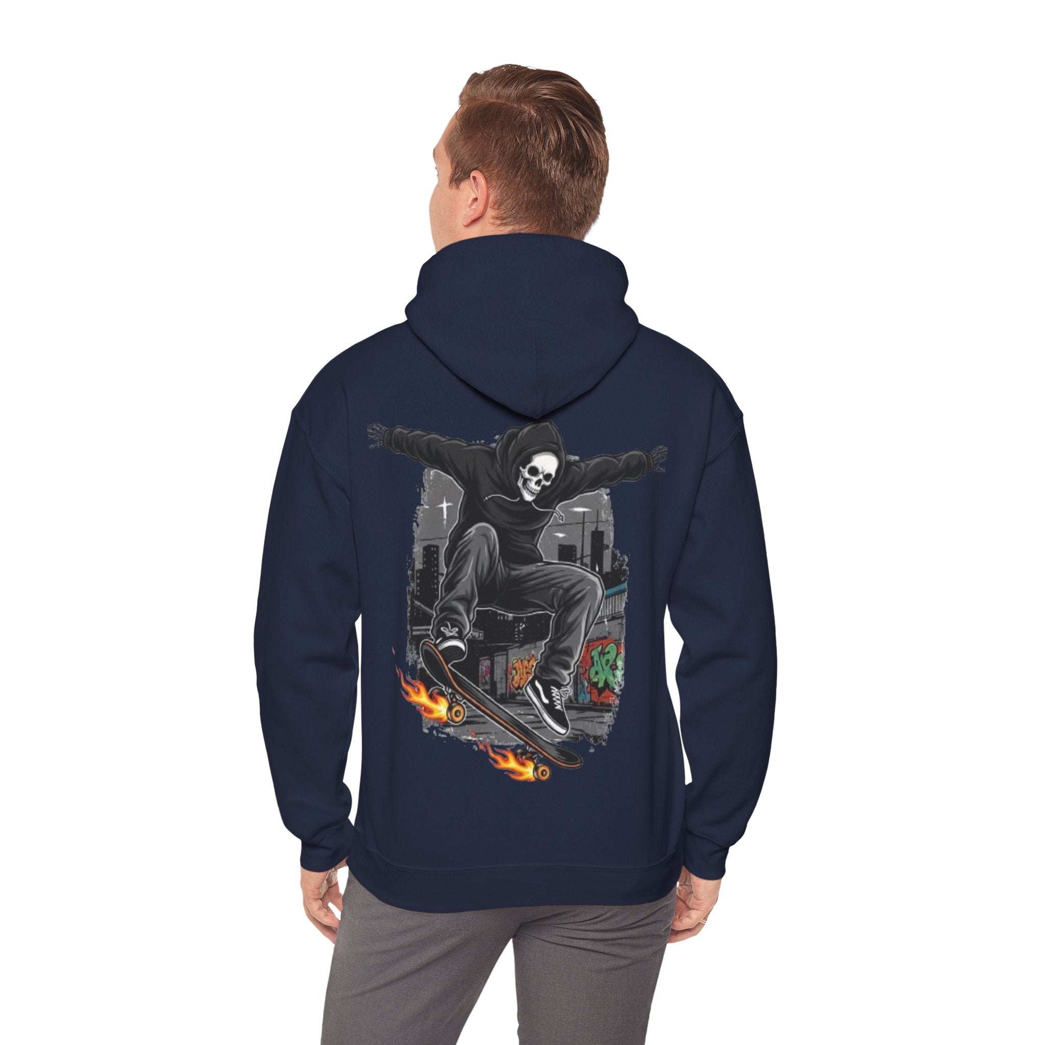 Skull Skater Hoodie — Flaming Skateboard Streetwear Pullover