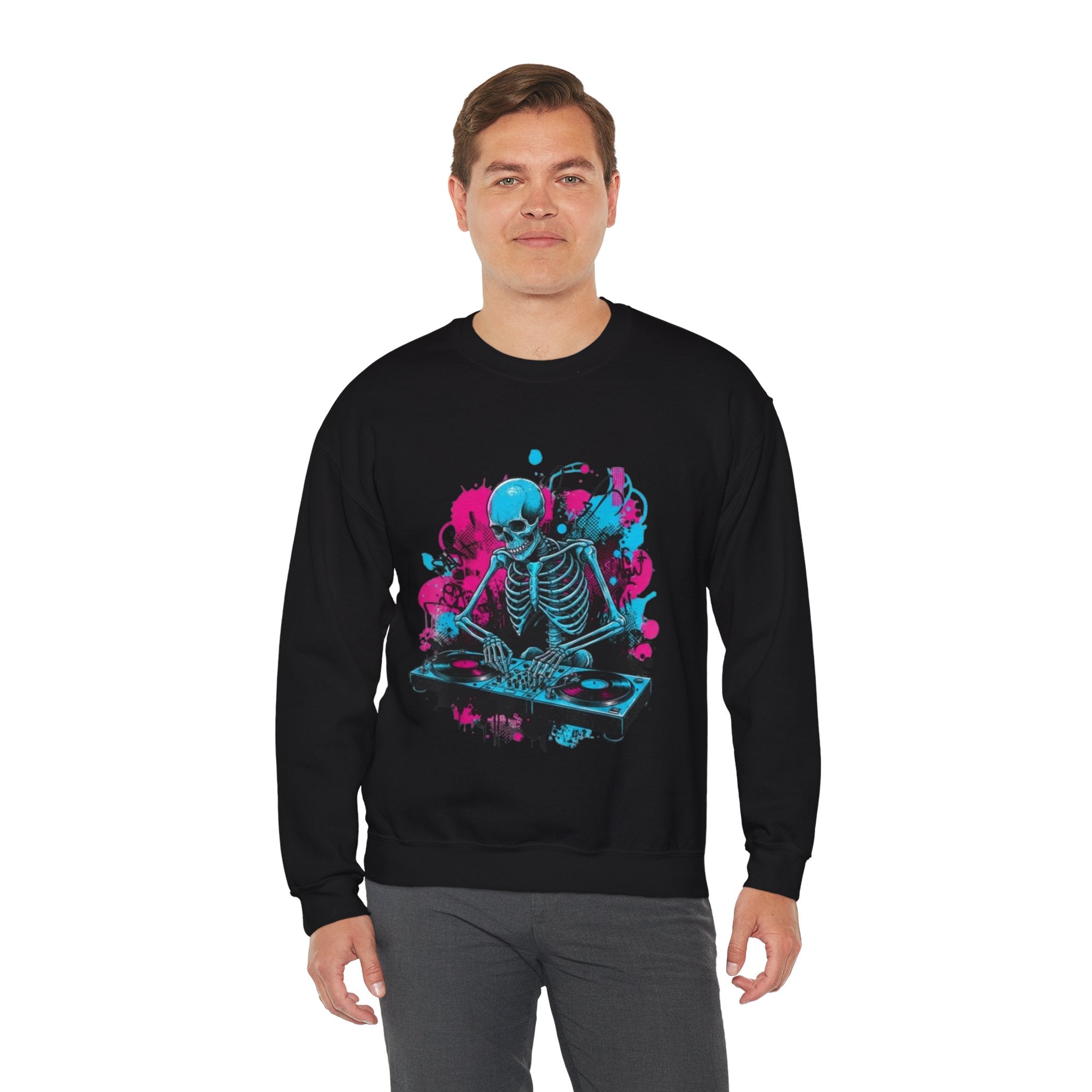 DJ Skeleton Crewneck Sweatshirt – Neon Skull DJ Graphic Pullover