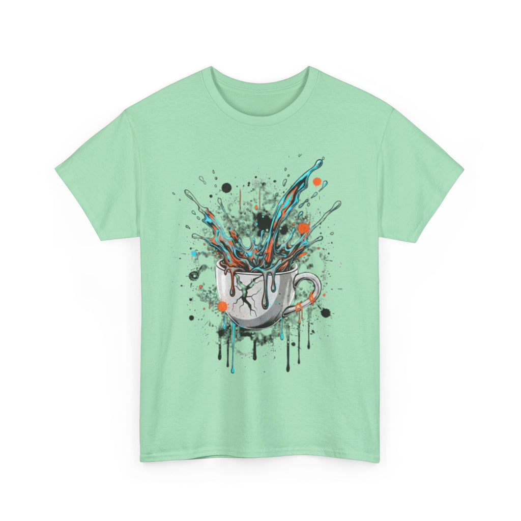 Artistic Splash Coffee Mug Tee — Paint Splatter Coffee Cup Graphic T-Shirt