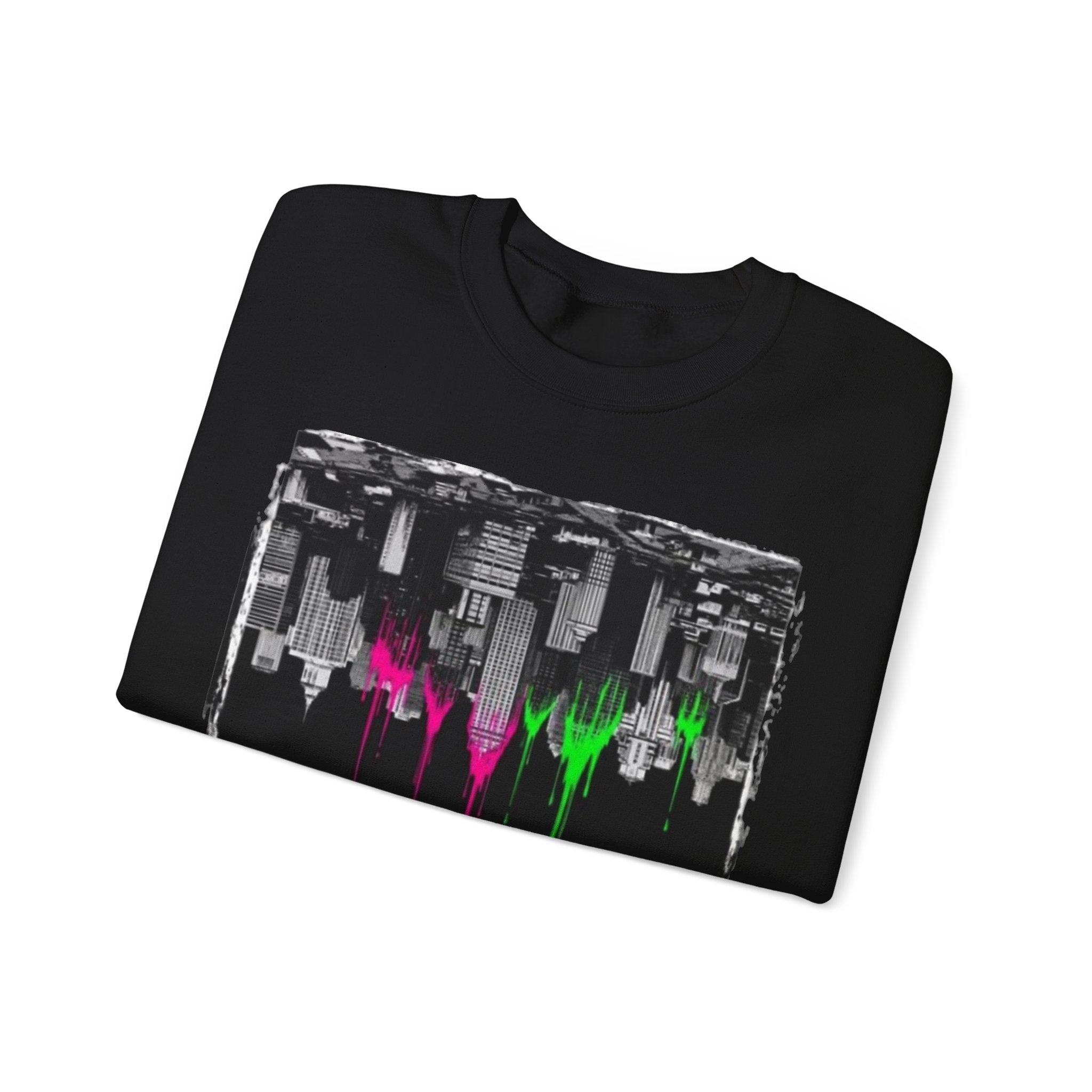 Cityscape Drip Crewneck Sweatshirt — Neon Skyline Paint Drip