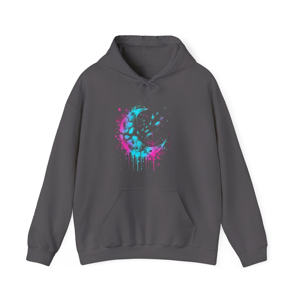 Paint-Splatter Crescent Moon Hoodie — Colorful Drip Art Sweatshirt