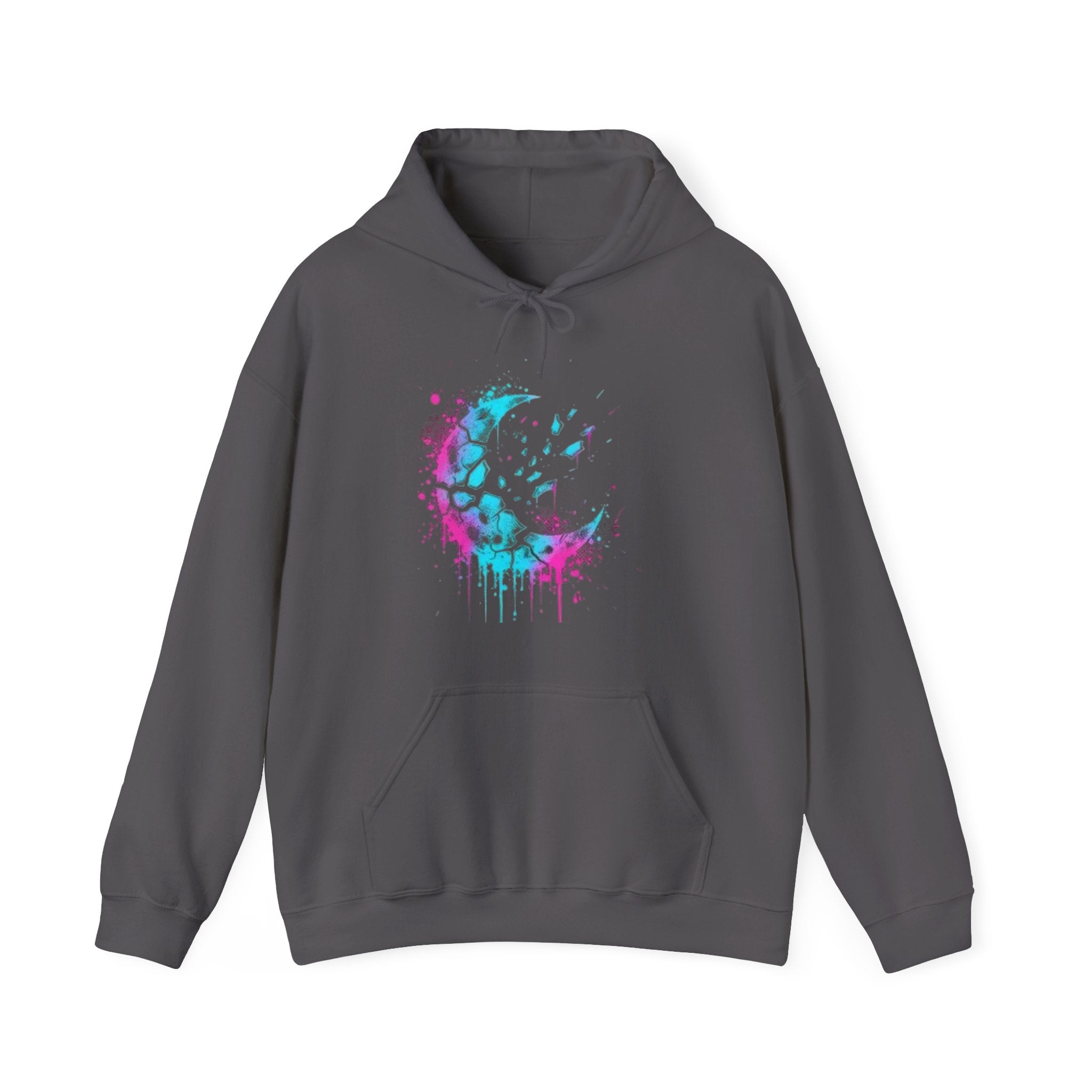 Paint-Splatter Crescent Moon Hoodie — Colorful Drip Art Sweatshirt