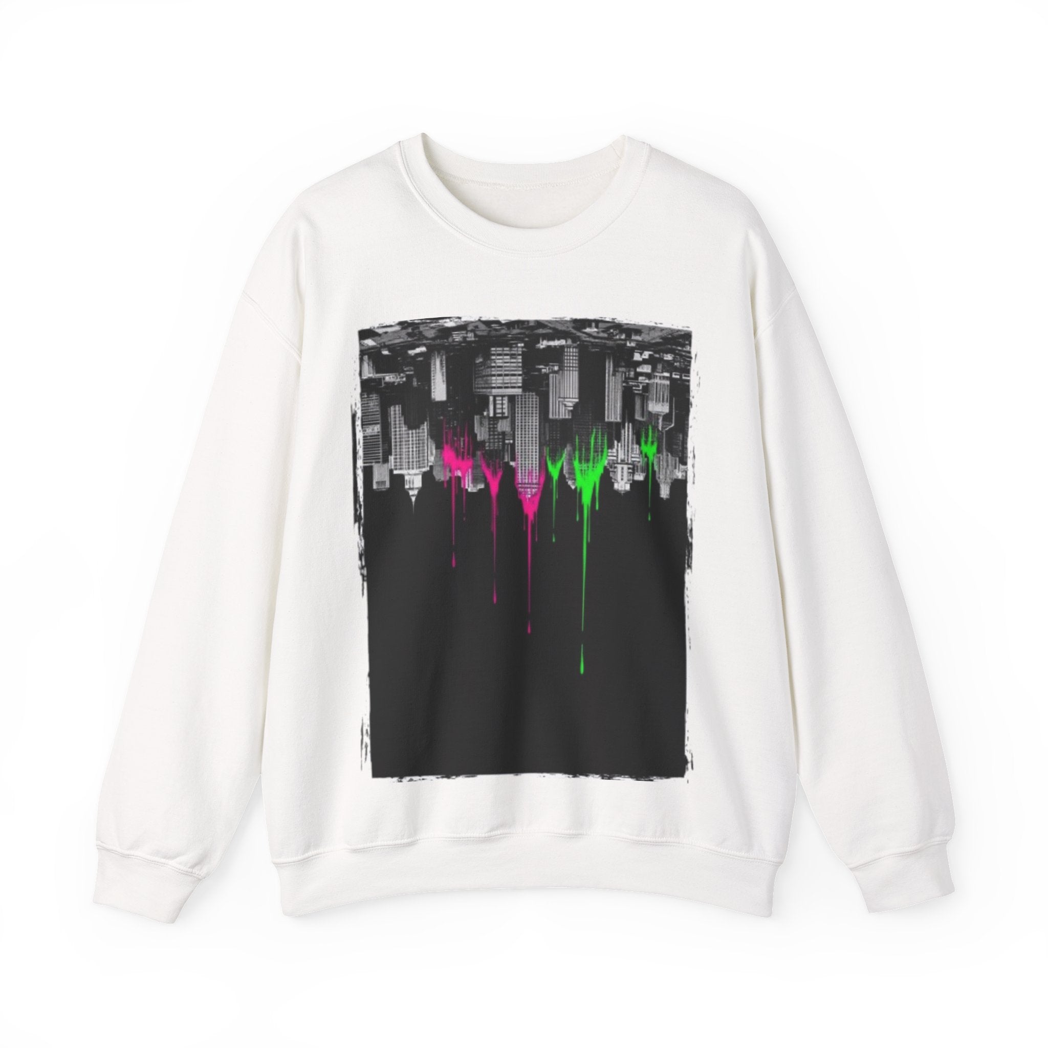 Cityscape Drip Crewneck Sweatshirt — Neon Skyline Paint Drip