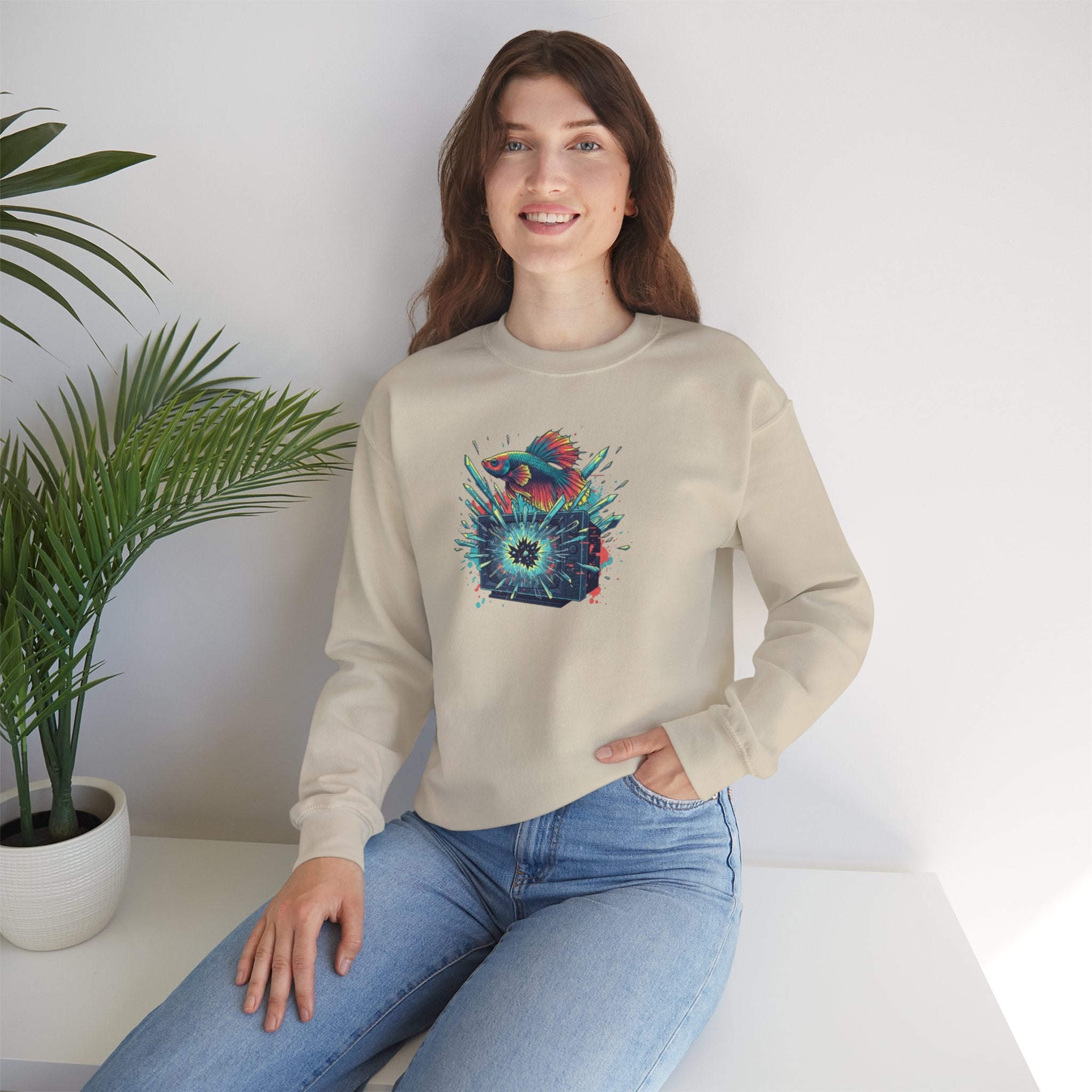 Cosmic Hummingbird Crewneck Sweatshirt — Neon Floral Burst Graphic