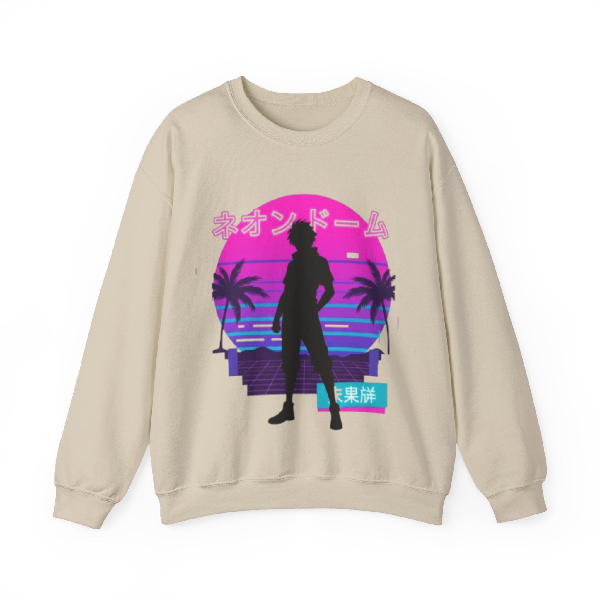 Vaporwave Neon Dome Crewneck Sweatshirt — Japanese Sunset Silhouette