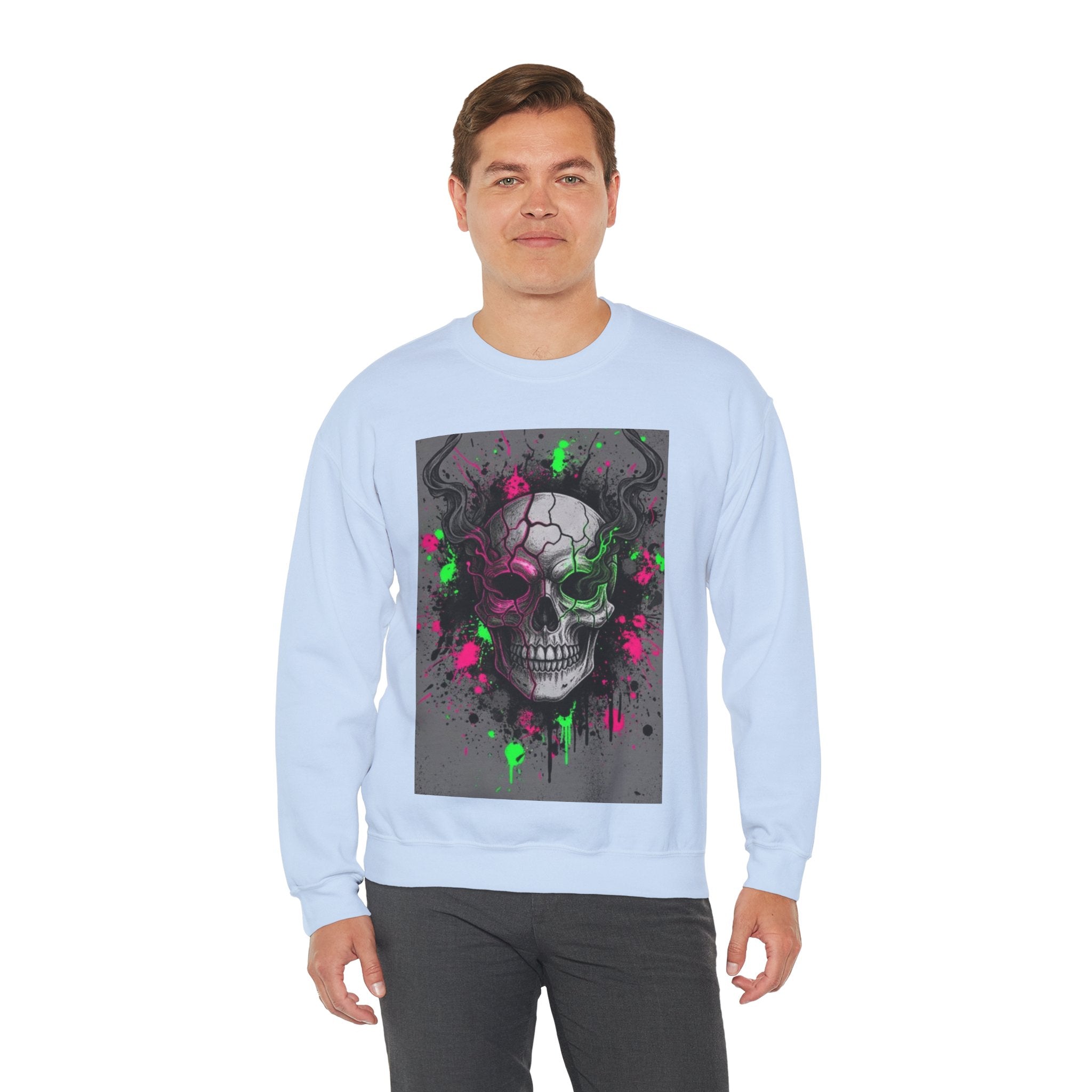 Skull Graffiti Crewneck Sweatshirt — Neon Paint Splatter Skull Graphic