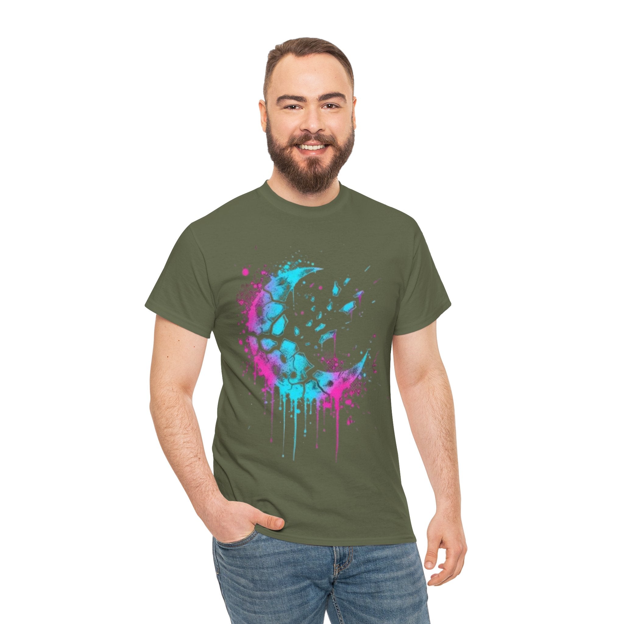 Paint-Splash Crescent Moon T-Shirt — Neon Galaxy Art Tee