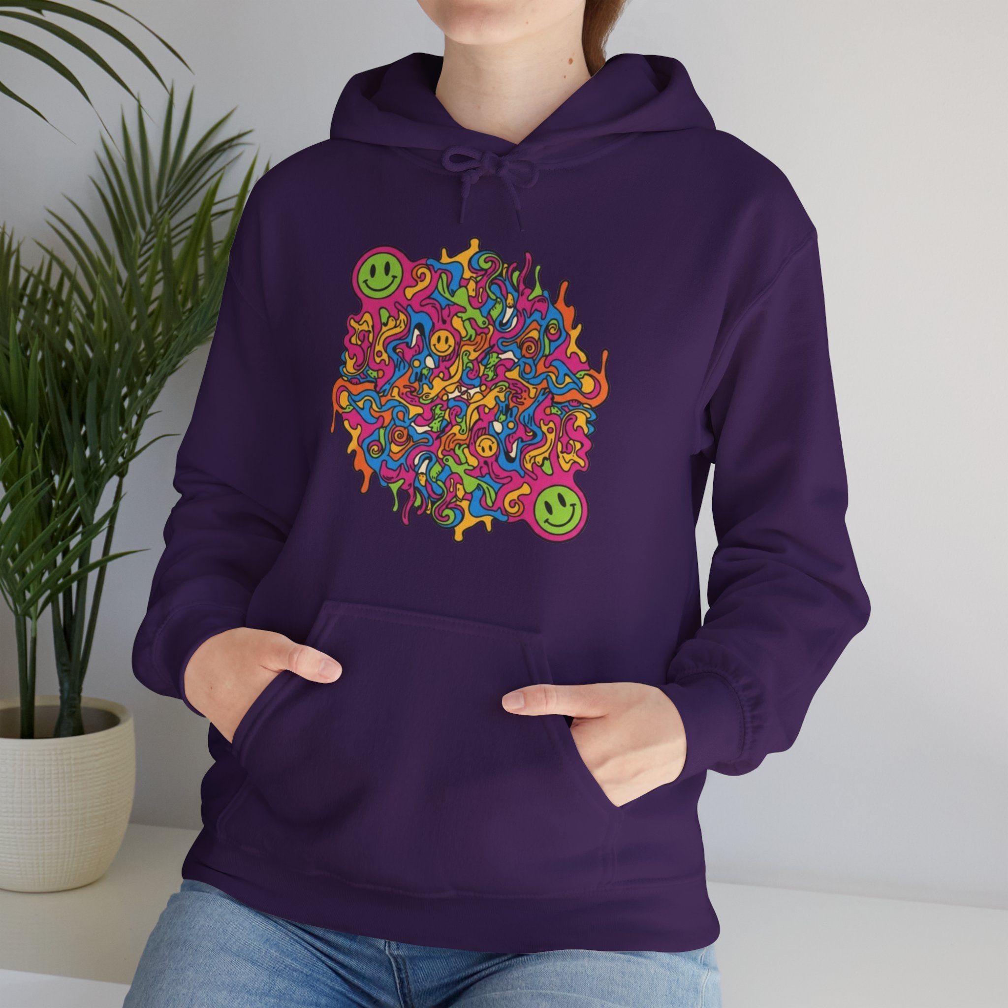 Psychedelic Smiley Hoodie — Colorful Drip Alien Art Pullover