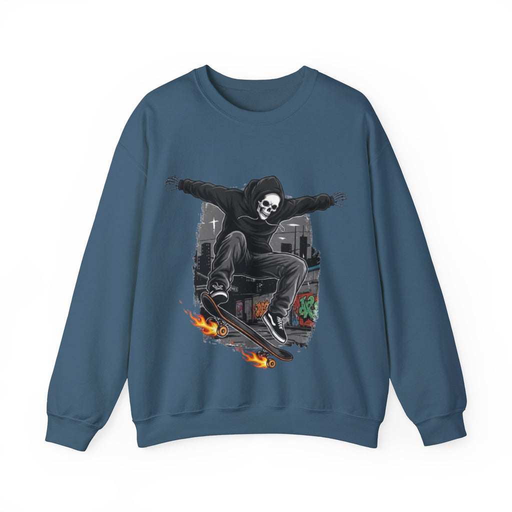 Skull Skateboarder Crewneck Sweatshirt — Flaming Skate Trick Graphic