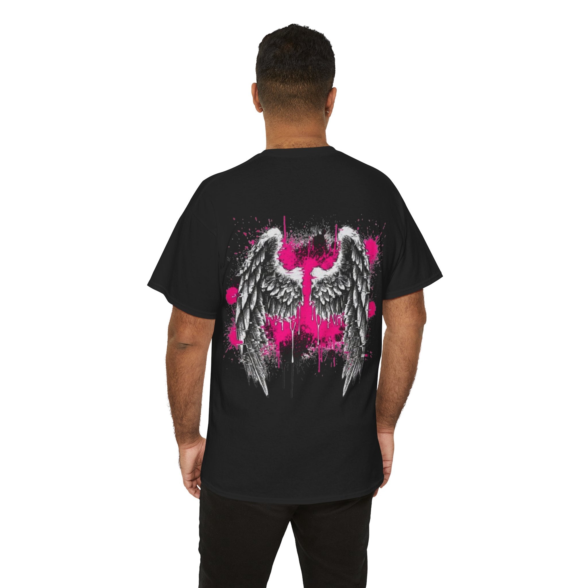 T-Shirt — Grunge Angel Wings with Pink Paint Splatter