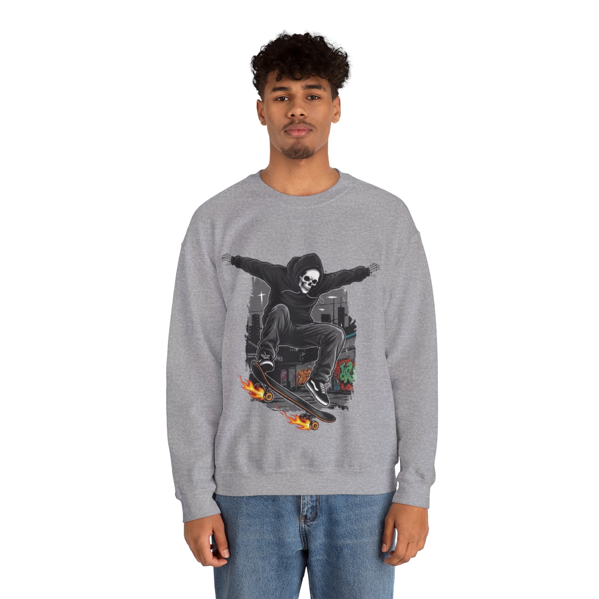 Skull Skateboarder Crewneck Sweatshirt — Flaming Skate Trick Graphic