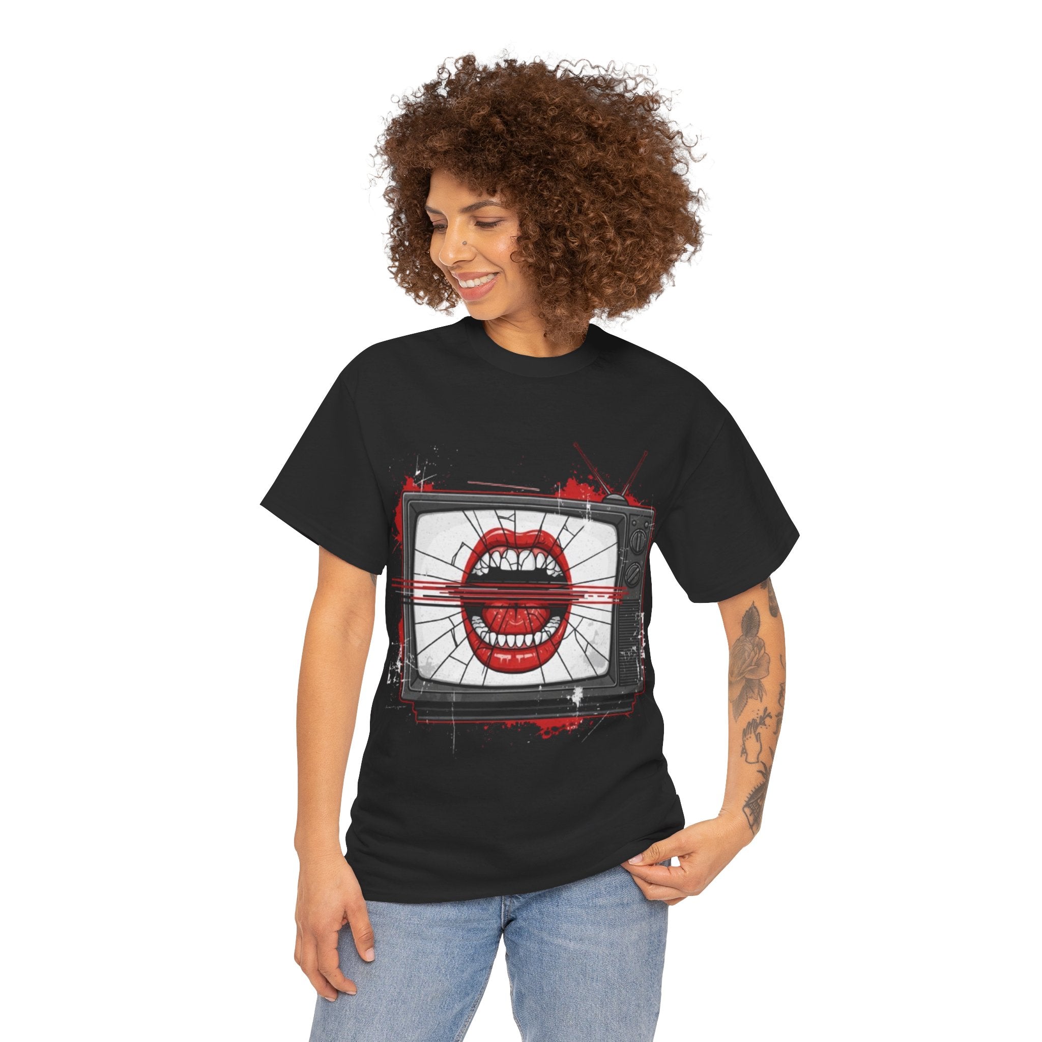 TV Screen with Screaming Mouth Graphic Tee — Retro Horror Punk T-Shirt