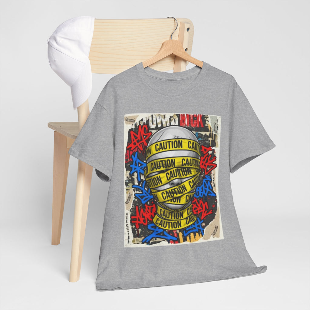 Caution Tape Street Art Tee — Urban Graffiti Graphic T-Shirt