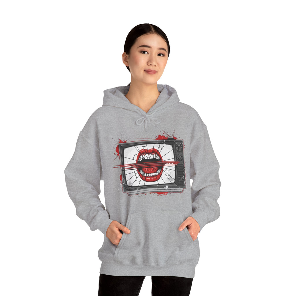 TV Static Mouth Graphic Hoodie — Retro Horror Streetwear
