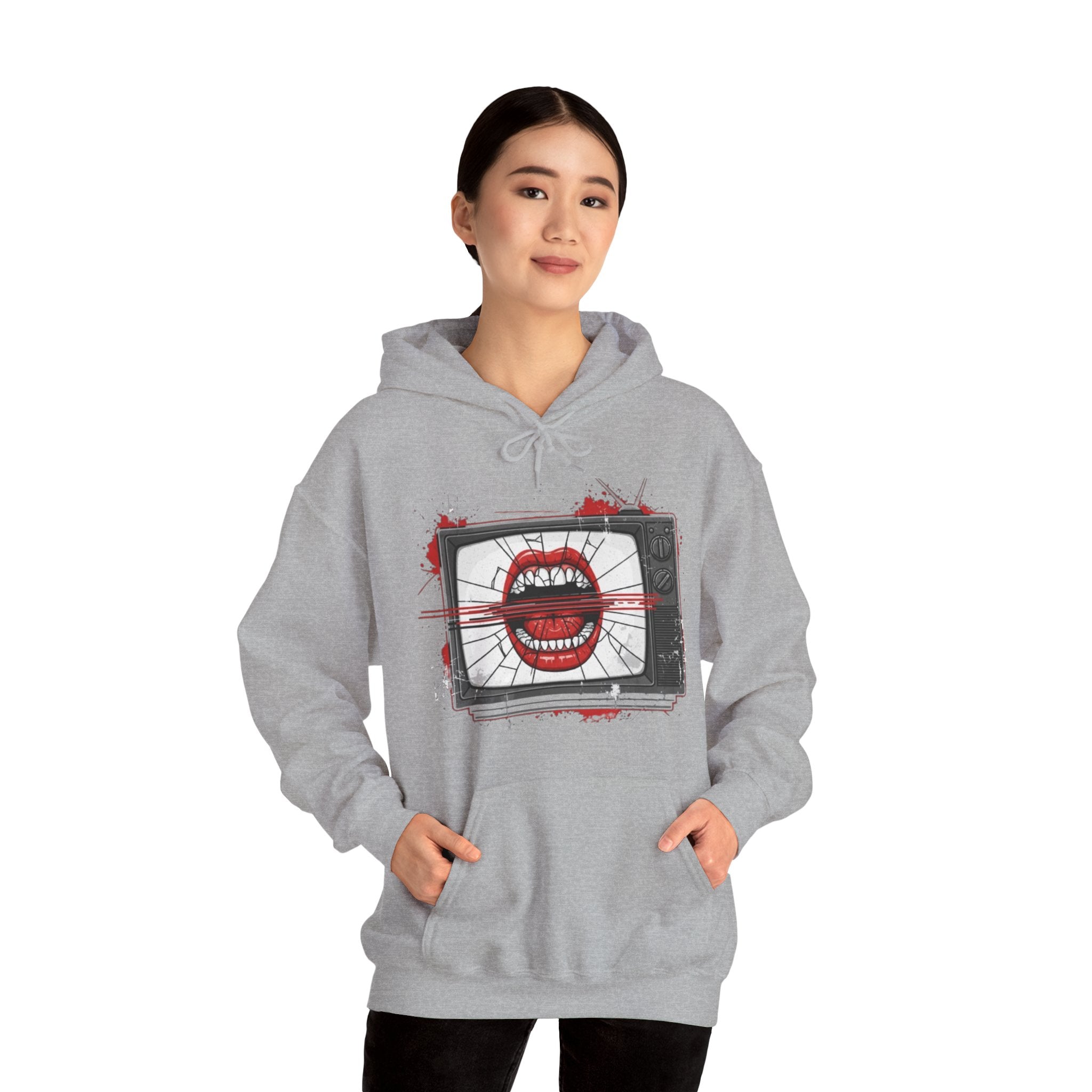 TV Static Mouth Graphic Hoodie — Retro Horror Streetwear
