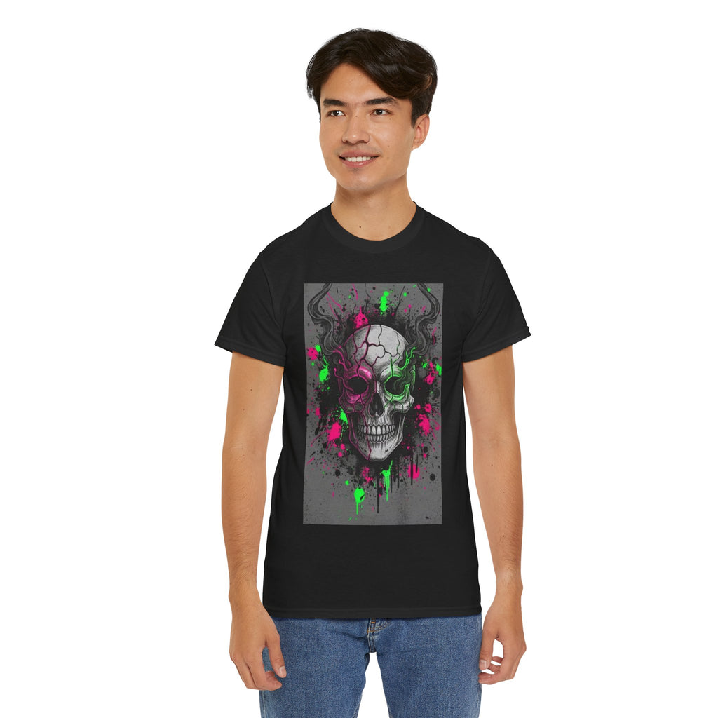 Skull Graffiti T‑Shirt — Neon Green & Pink Drip Skull Tee