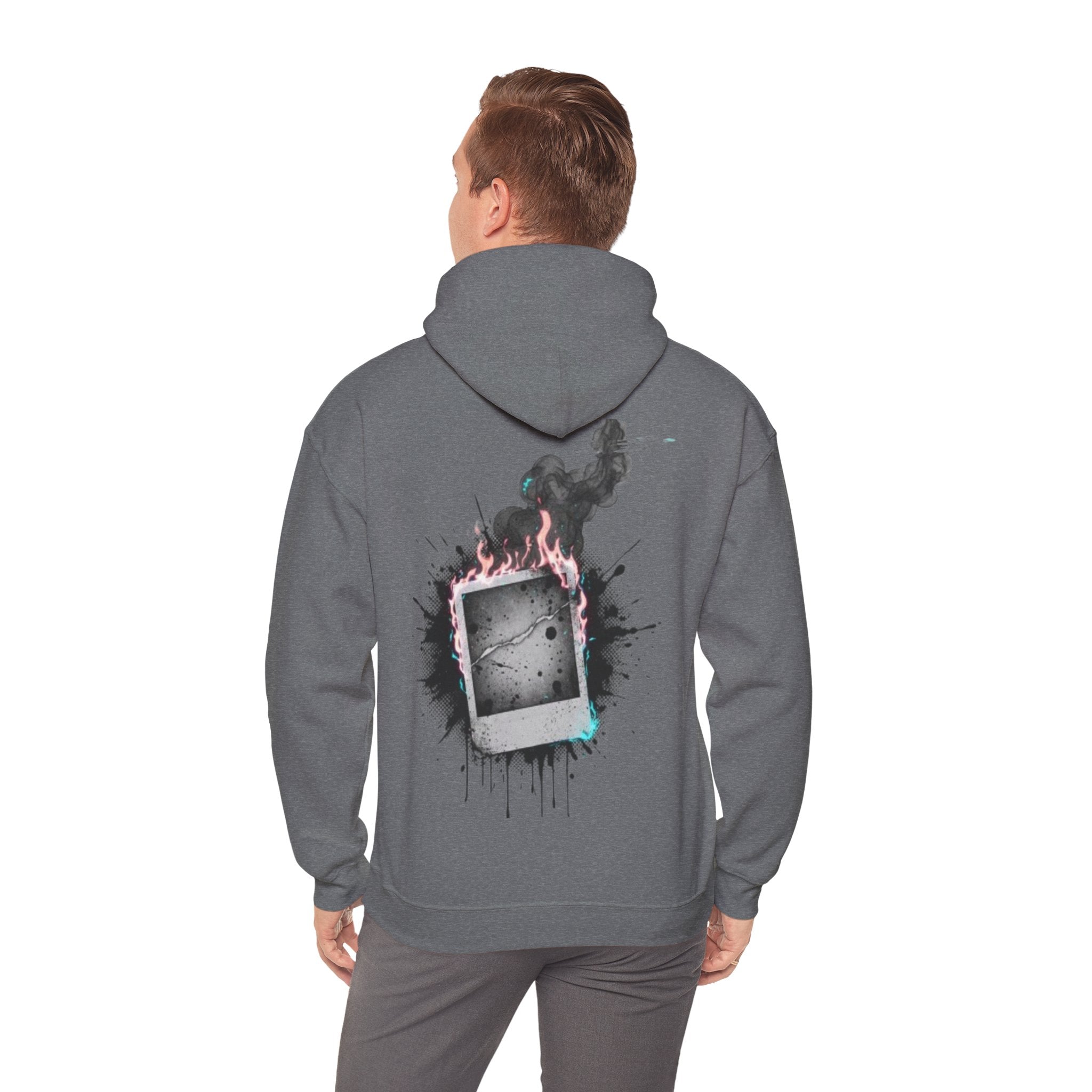 Burning Polaroid Hoodie — Retro Photo Flame Graphic Hooded Sweatshirt