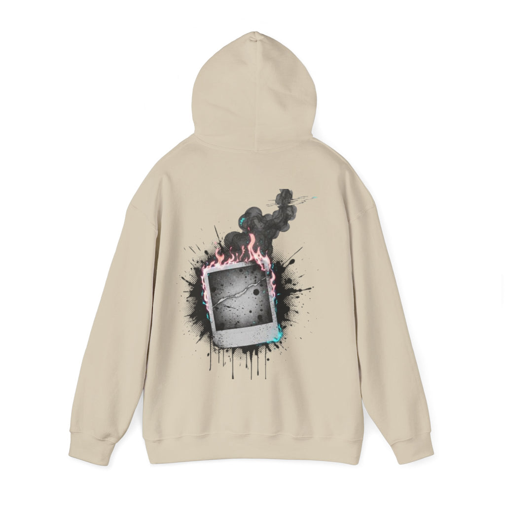 Burning Polaroid Hoodie — Retro Photo Flame Graphic Hooded Sweatshirt