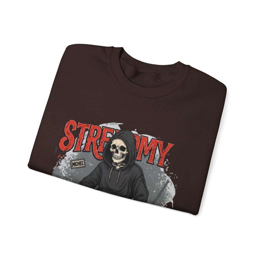 Streamy Grim Reaper Crewneck Sweatshirt — Streaming Gamer Skull Hoodie Design