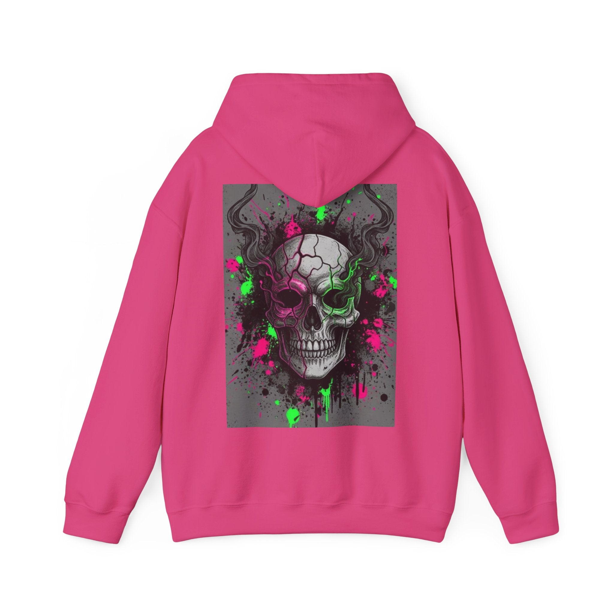 Skull Graffiti Hoodie — Neon Splatter Horror Skull Back Print
