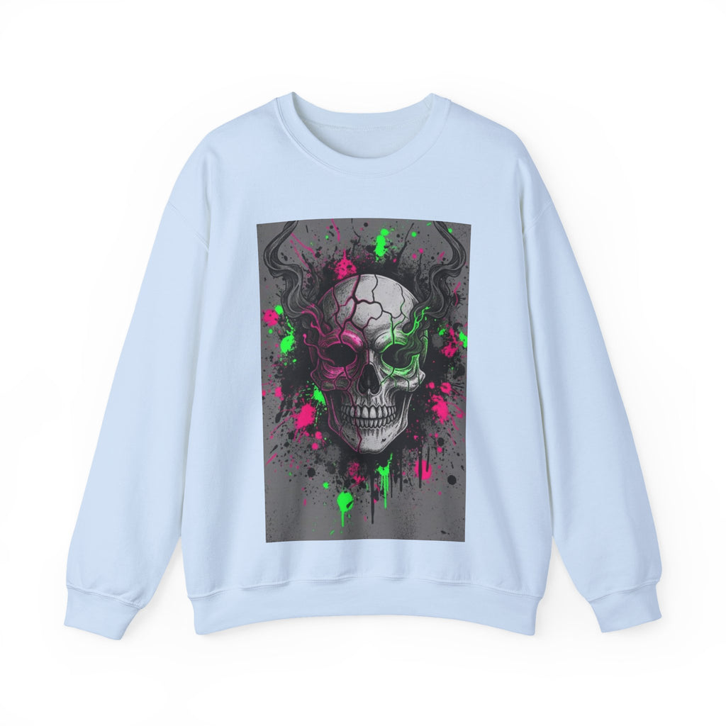 Skull Graffiti Crewneck Sweatshirt — Neon Paint Splatter Skull Graphic