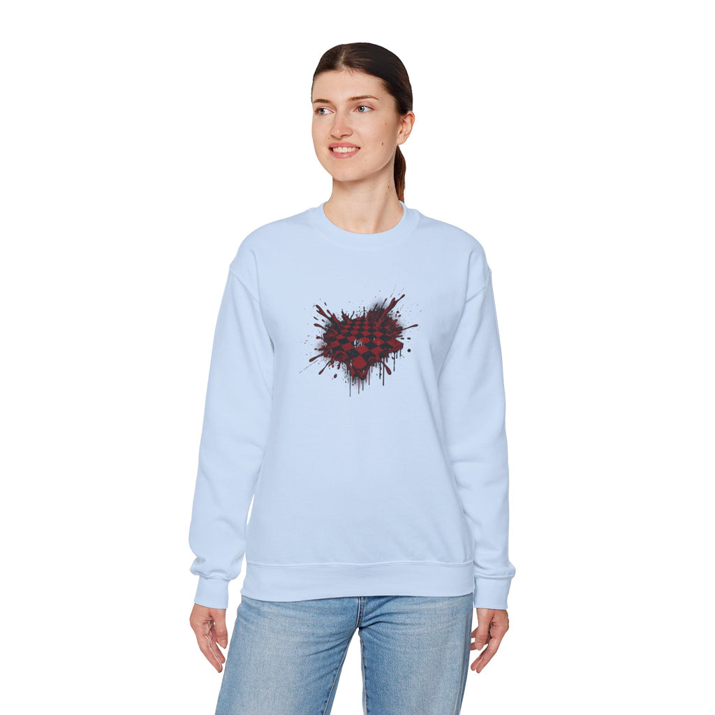 Checkerboard Heart Crewneck Sweatshirt — Red Grunge Heart Graphic